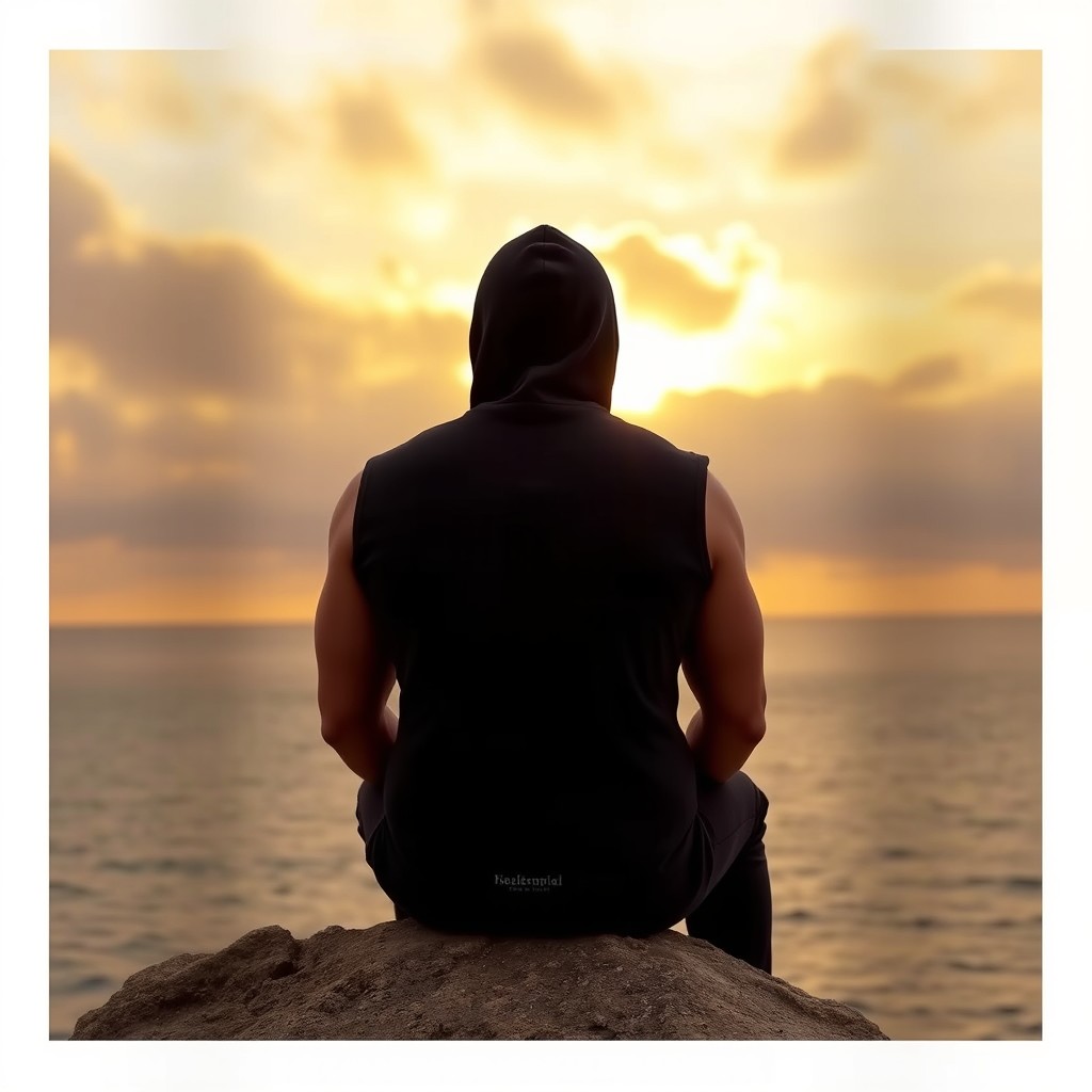 A tall person sitting on a rock overlooking a sea, with a cloudy sunset scene