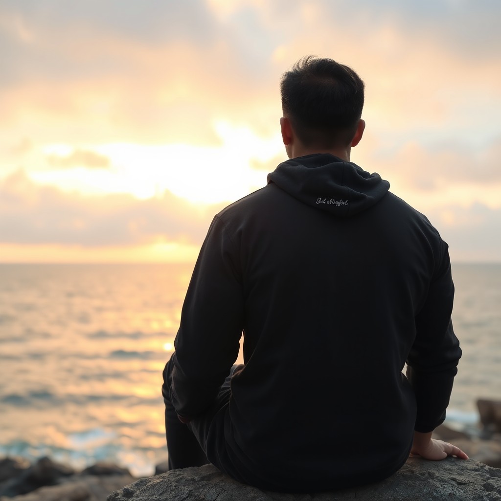 A tall and natural-looking person sitting on a rock overlooking a sea, with a cloudy sunset scene