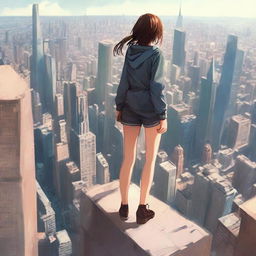 An engaging scene of an immense girl, reaching incredible heights, stationed amidst the urban skyline with a gentle look on her angled down towards the city.