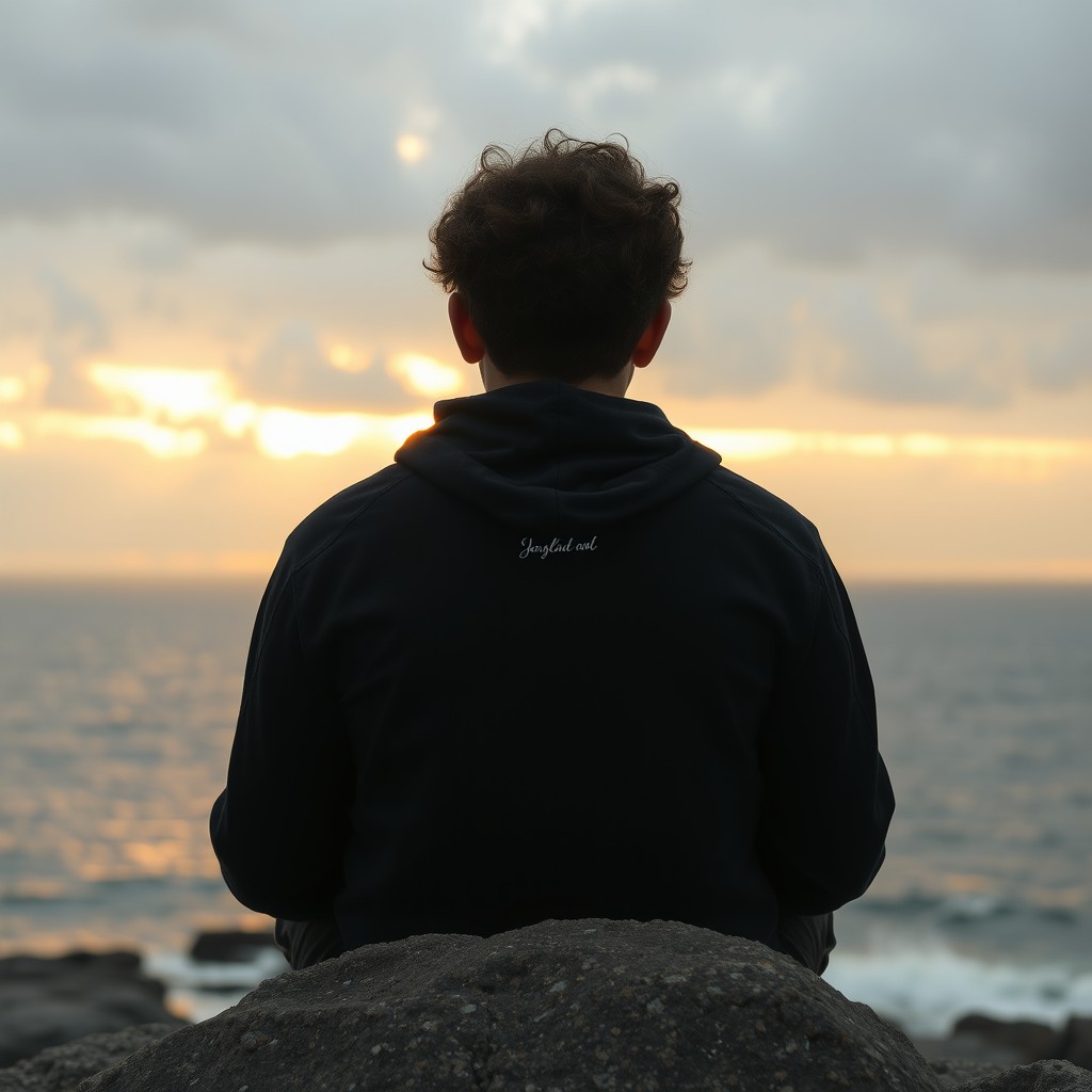 A tall person (186 cm) sitting on a rock overlooking a sea, with a cloudy sunset scene