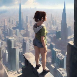 An engaging scene of an immense girl, reaching incredible heights, stationed amidst the urban skyline with a gentle look on her angled down towards the city.