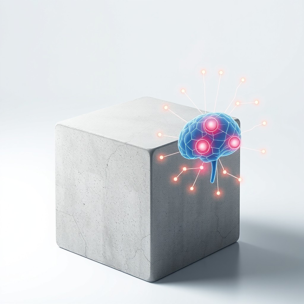A concrete cube placed on a clean, modern background