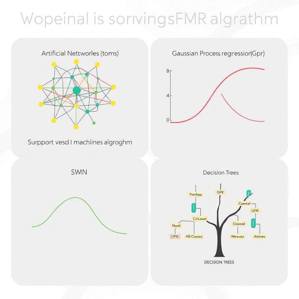 An illustrative diagram showcasing four different machine learning algorithms: Artificial Neural Networks (ANN), Support Vector Machines (SVM), Gaussian Process Regression (GPR), and Decision Trees
