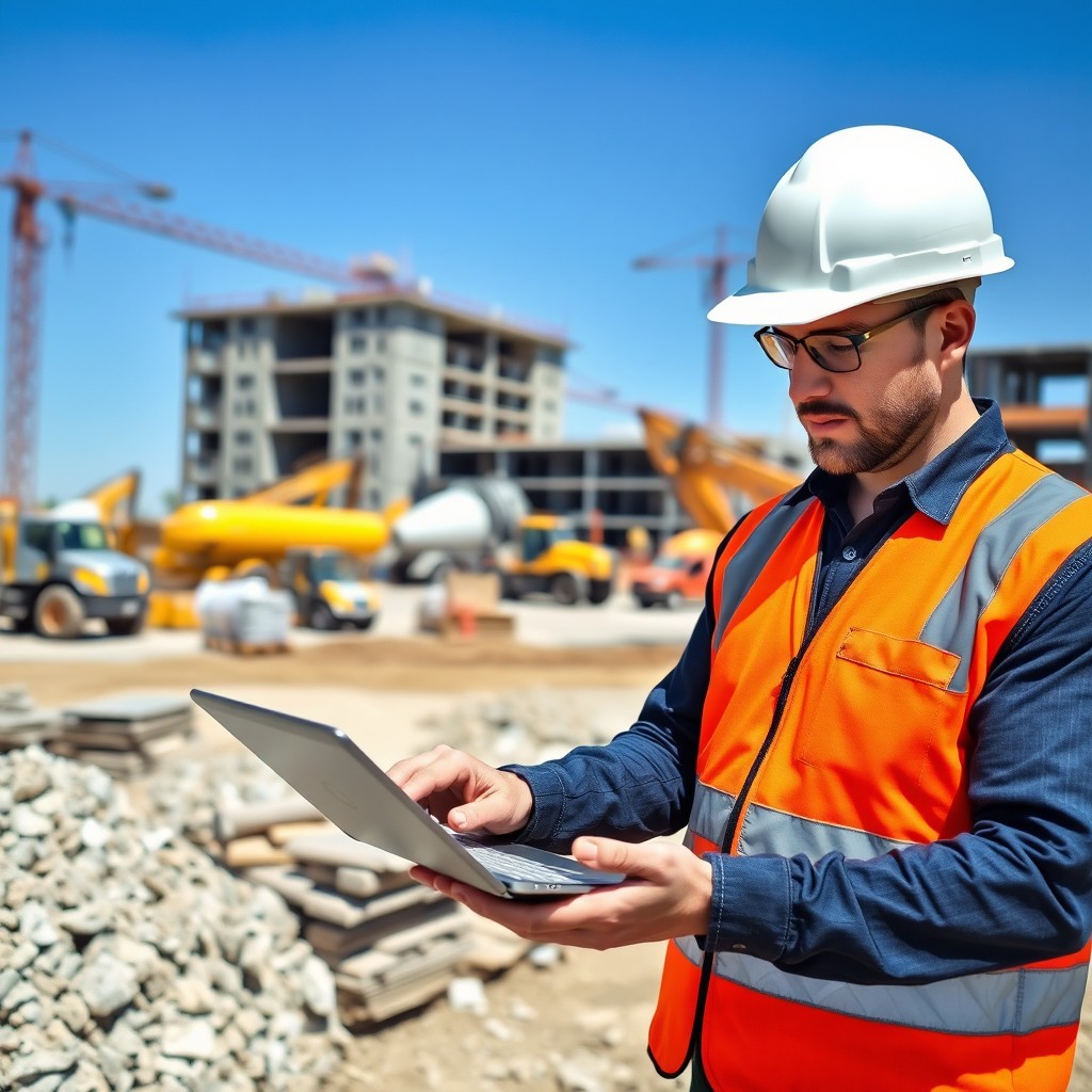 An engineer at a construction site inputting concrete mix data into a laptop or tablet