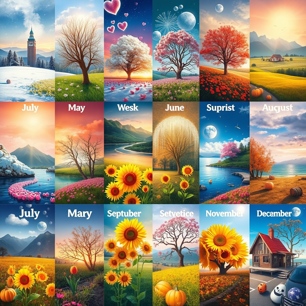 A stunning, artistic representation of the twelve months of the year, with each month depicted through vibrant colors and unique seasonal themes