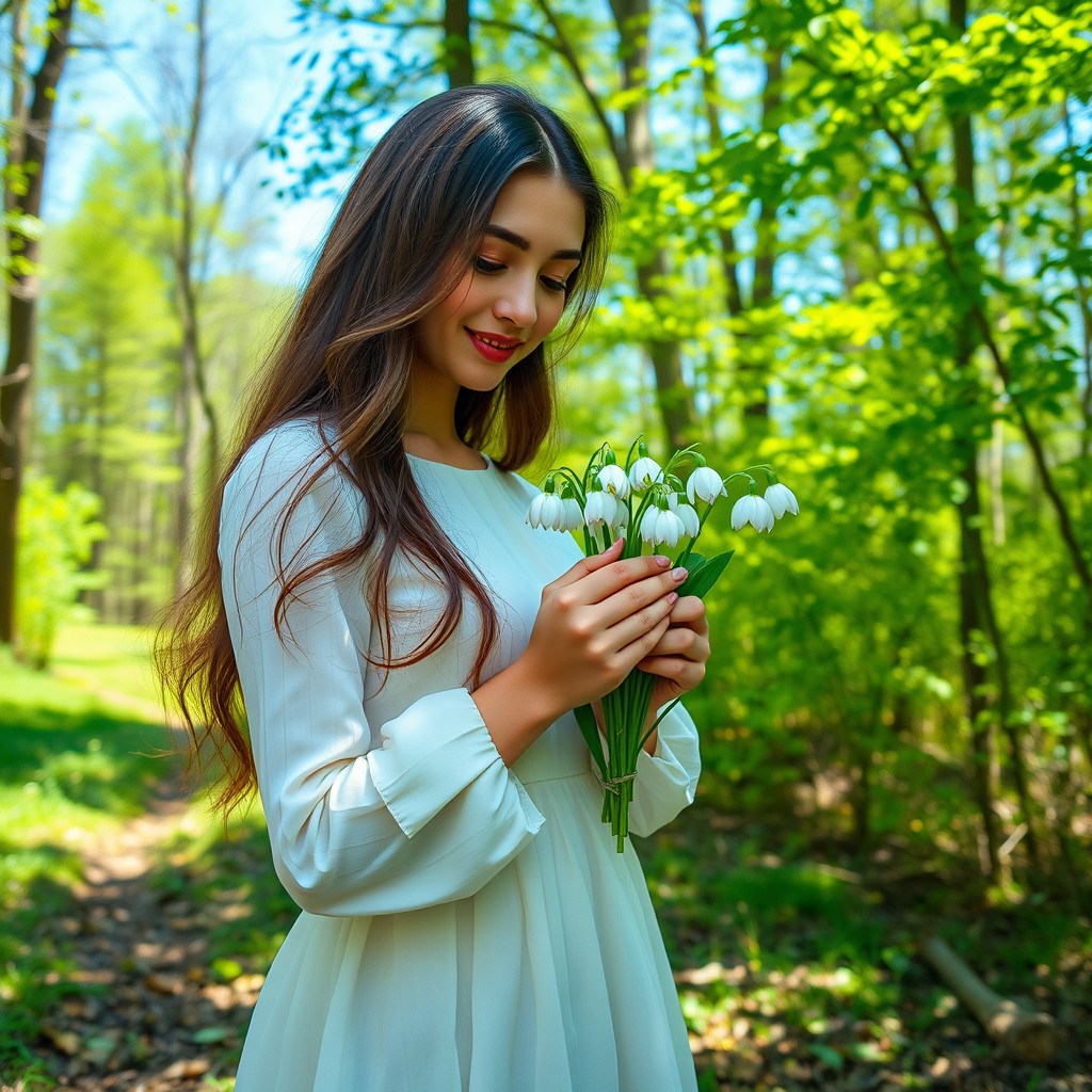 A young woman in a serene forest setting, delicately holding a bouquet of white snowdrop flowers (подснежники) in her hands, with a soft smile on her face