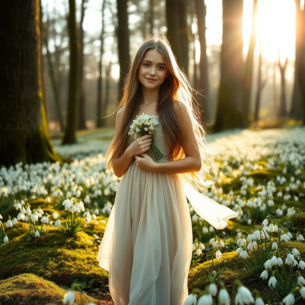 A beautiful young woman standing in a serene forest filled with blooming snowdrop flowers, the sun casting soft light through the trees