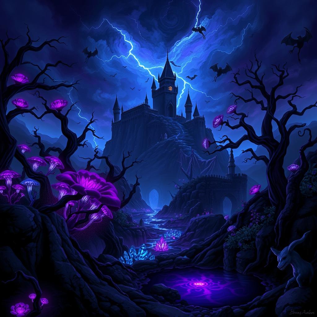 A vivid dark fantasy landscape inspired by Terraria, featuring a mysterious biome teeming with magical creatures and ancient ruins