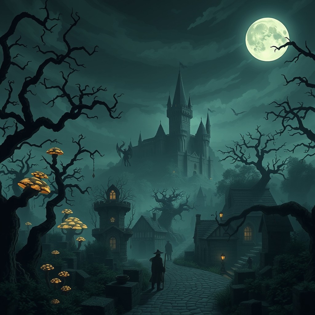 A dark fantasy landscape inspired by Minecraft, featuring a foreboding enchanted forest filled with twisted trees, glowing mushrooms, and ominous shadows