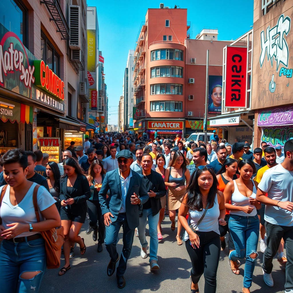 An action-packed scene of a vibrant urban setting with a lively crowd moving energetically through the streets