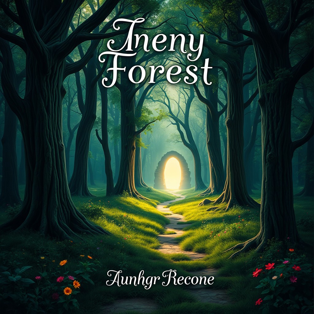 A captivating book cover design that features a mystical forest with tall, ancient trees casting shadows over a winding path