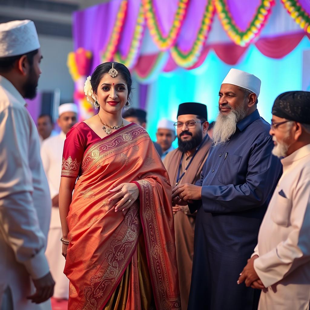 An elegant Indian woman wearing a beautifully draped saree, adorned with intricate patterns and vibrant colors, standing gracefully