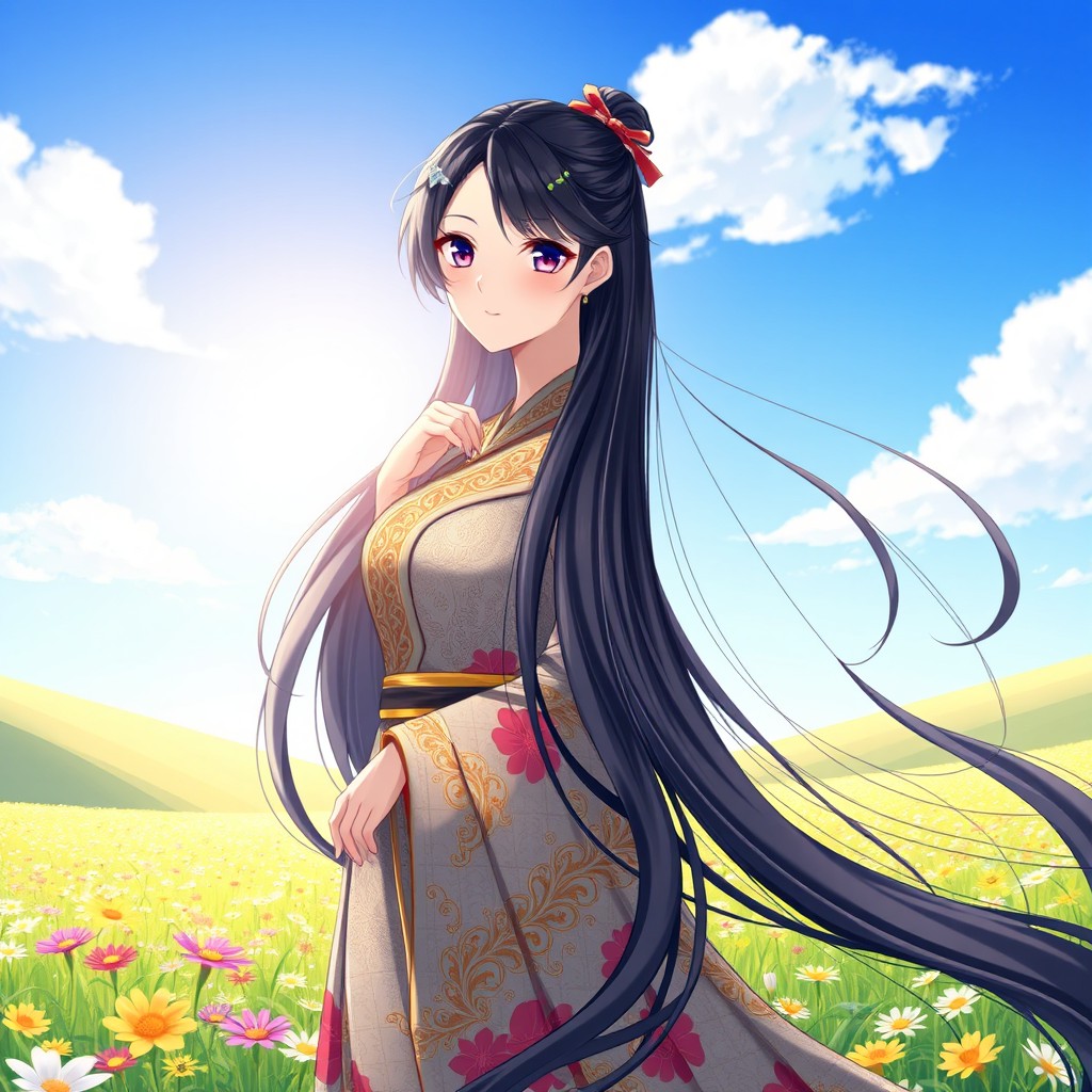 A stunning female character with long, flowing black hair, cascading elegantly down her shoulders