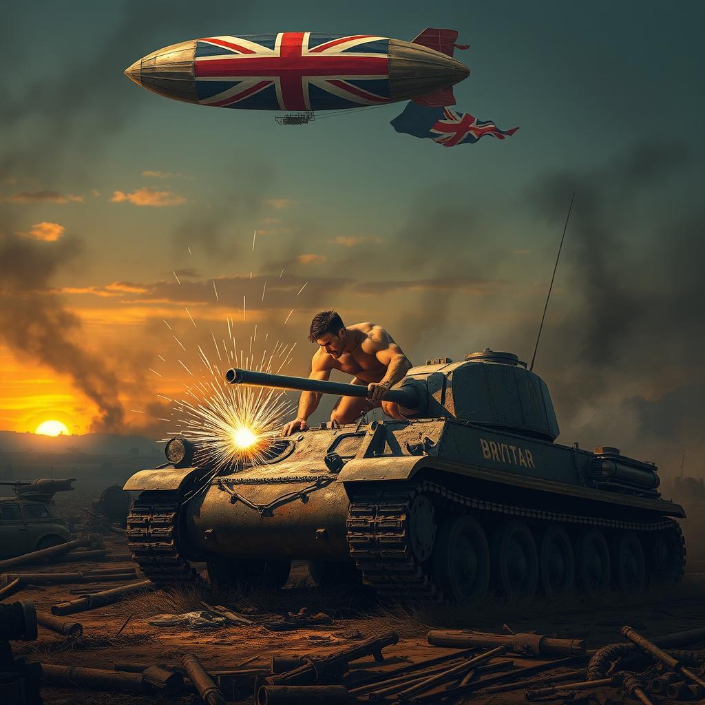 A heroic scene depicting a muscular man welding a damaged tank after a fierce battle