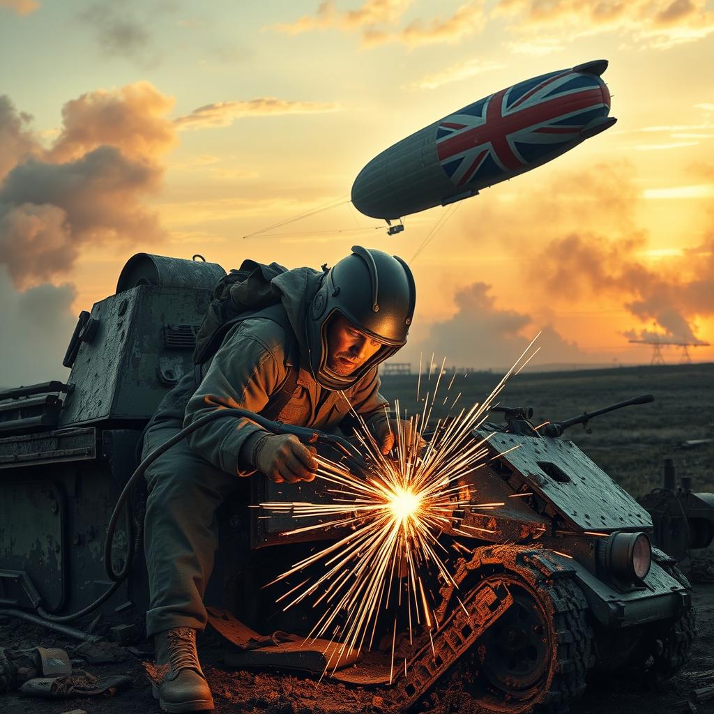 A heroic scene depicting a strong, determined man welding on a battle-scarred tank after a fierce conflict