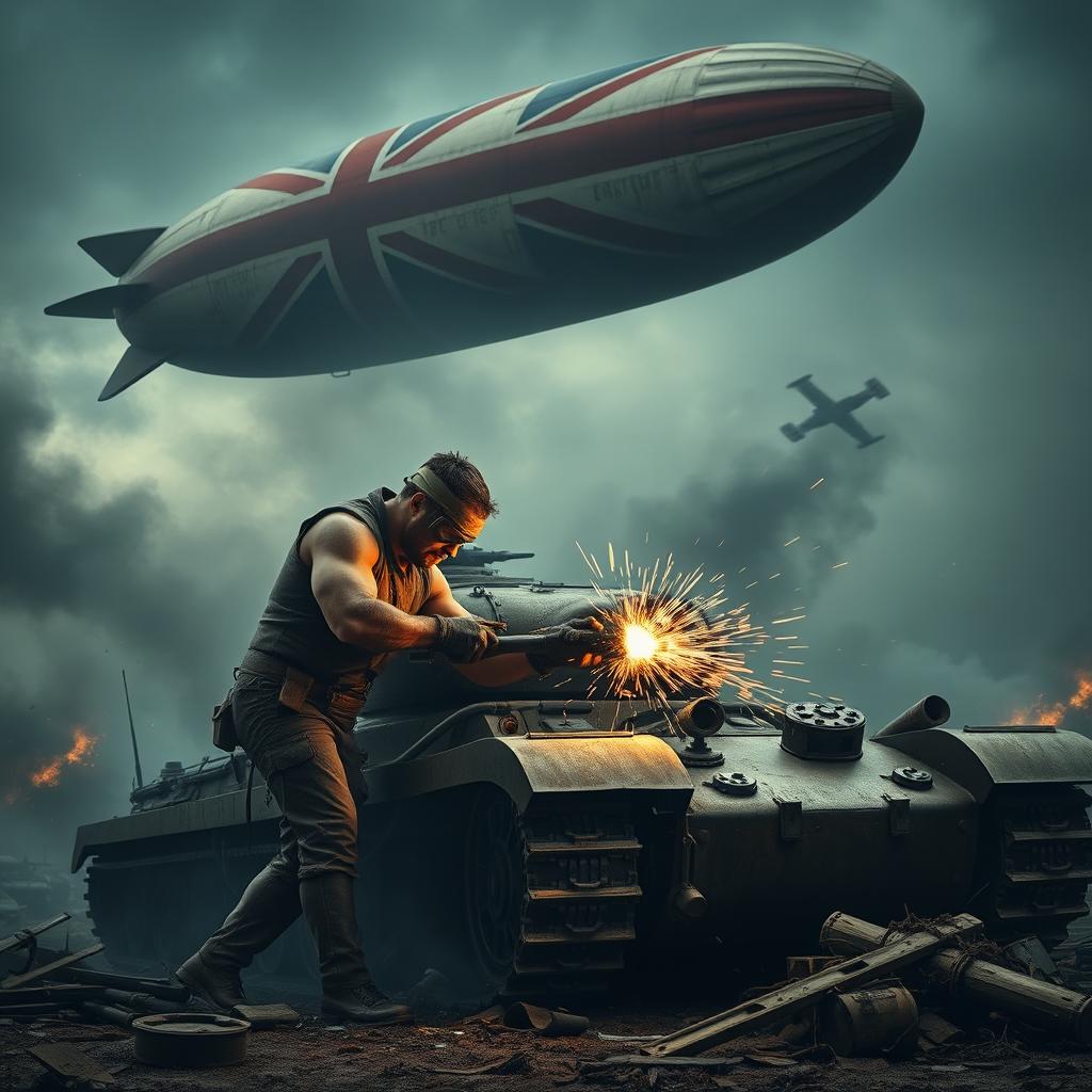 A dramatic scene of a heroic man intensely welding on a tank amidst the aftermath of a battle