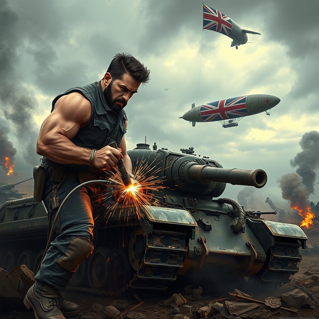 A heroic scene full of action and determination, depicting a muscular man welding a tank amidst the aftermath of a fierce battle