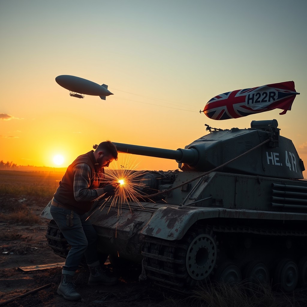 A heroic scene depicting a rugged man welding on a battle-scarred tank, sparks flying as he works with determination