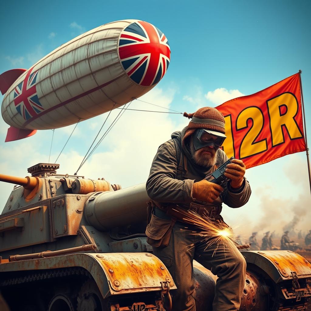 A heroic scene depicting a rugged man in a welding mask and protective gear working industriously on a tank after a fierce battle
