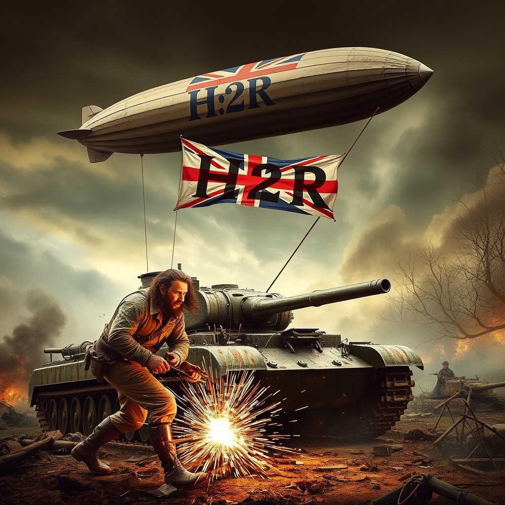 A dramatic and heroic scene of a rugged man welding on a tank, surrounded by the aftermath of a fierce battle, sparks flying from his welding torch