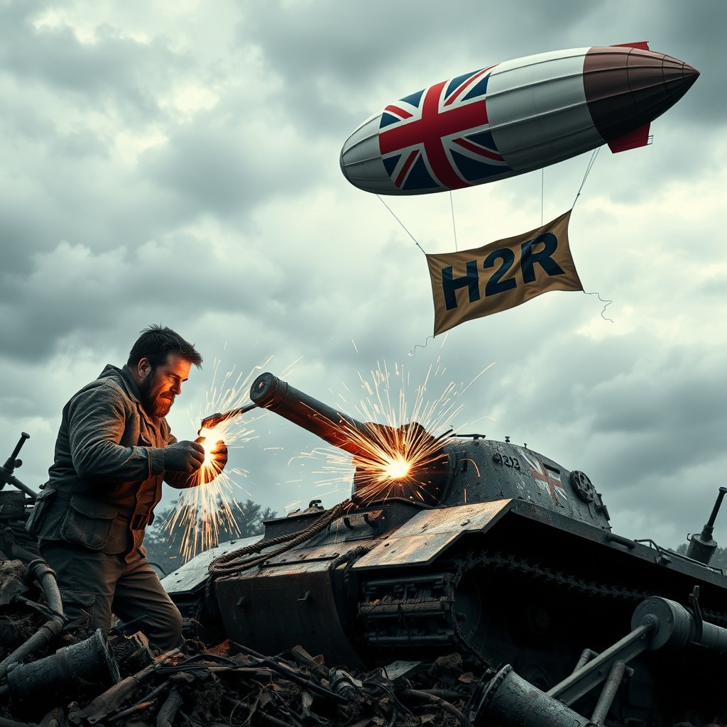 A heroic scene showcasing a rugged man in a gritty battlefield setting, intensely focused on welding a tank that bears the scars of battle
