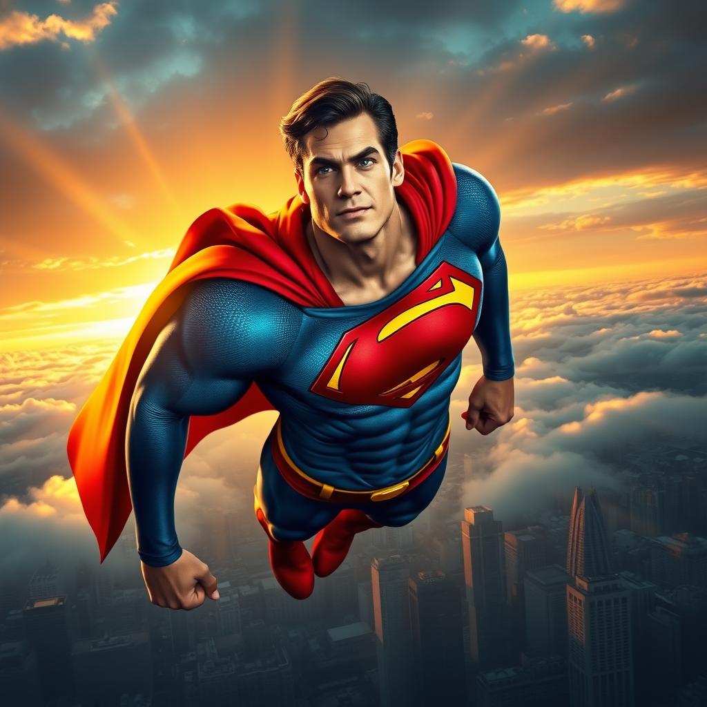 A vibrant, heroic depiction of Superman flying high above a city skyline during sunset, showcasing his iconic blue and red costume with the 'S' emblem prominently displayed on his chest