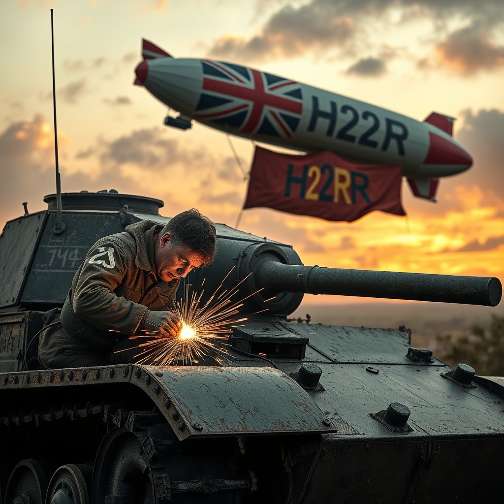 A heroic scene showing a man in a rugged, battle-worn uniform welding on a large tank amidst a war-torn landscape