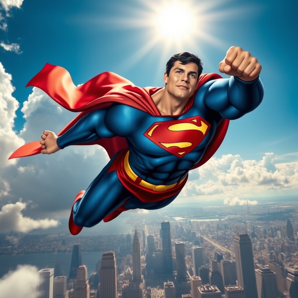 A heroic depiction of Superman soaring through the sky, muscular and confident, wearing his iconic blue suit with the red cape billowing behind him