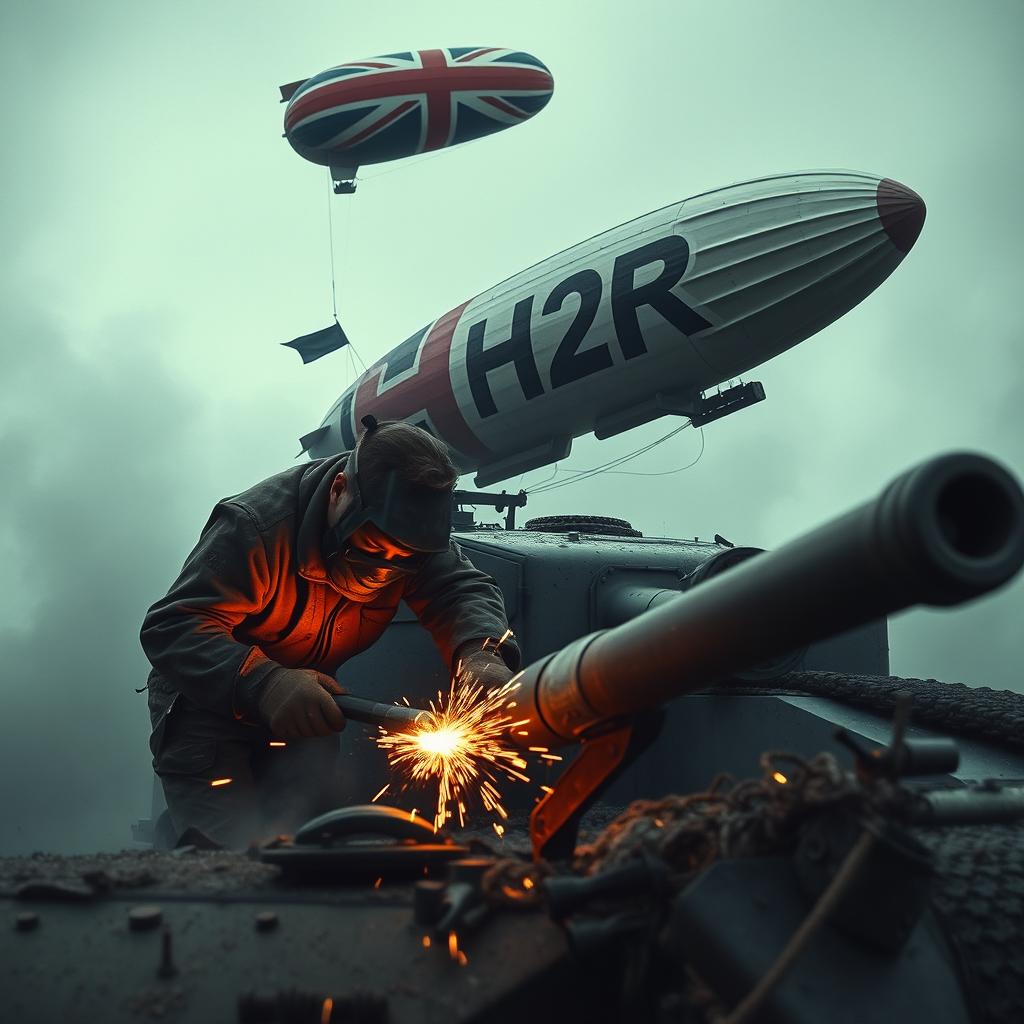 A heroic scene capturing a man welding on a tank after an intense battle, surrounded by debris and smoke