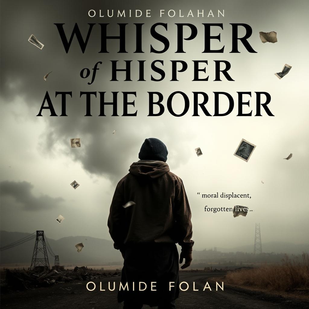 A thought-provoking book cover design for 'Whisper at the Border' by Olumide Folahan, focusing on themes of displacement, moral decay, and forgotten lives