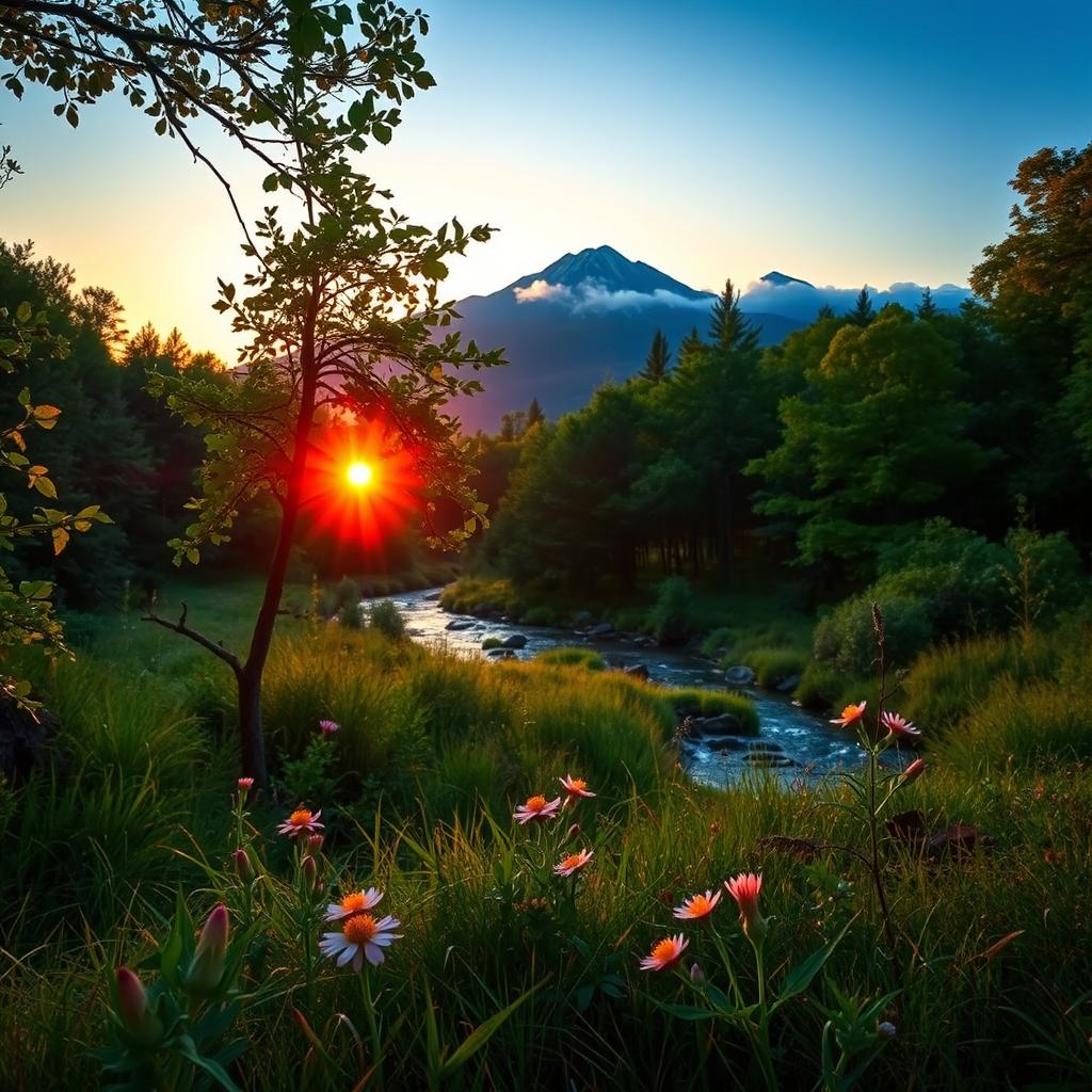 A serene and contemplative landscape at the borders of a tranquil forest, where the sun sets in vibrant hues of orange and purple, casting soft golden glimmers on the lush green leaves