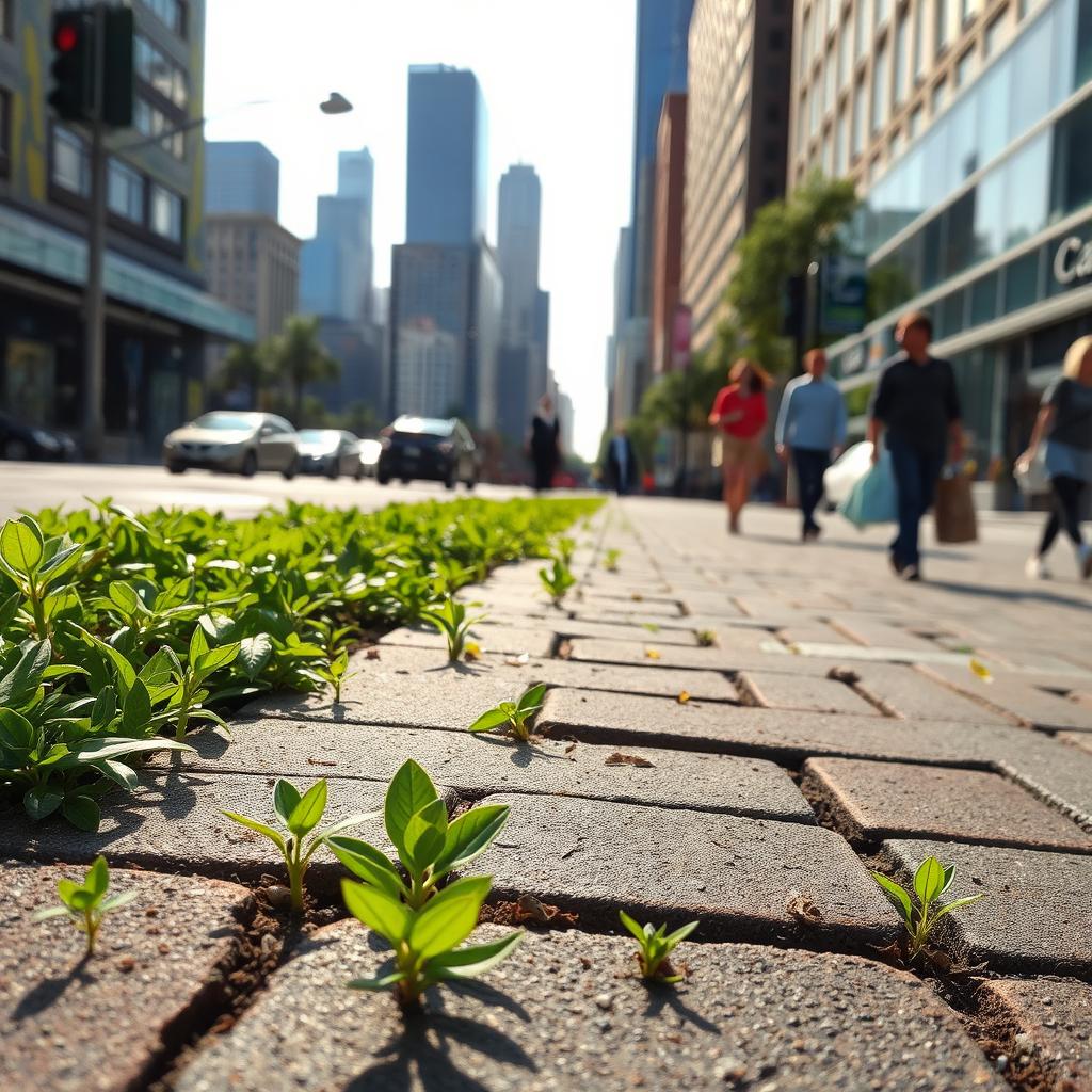A bustling urban cityscape where small sprouts of nature are breaking through the concrete