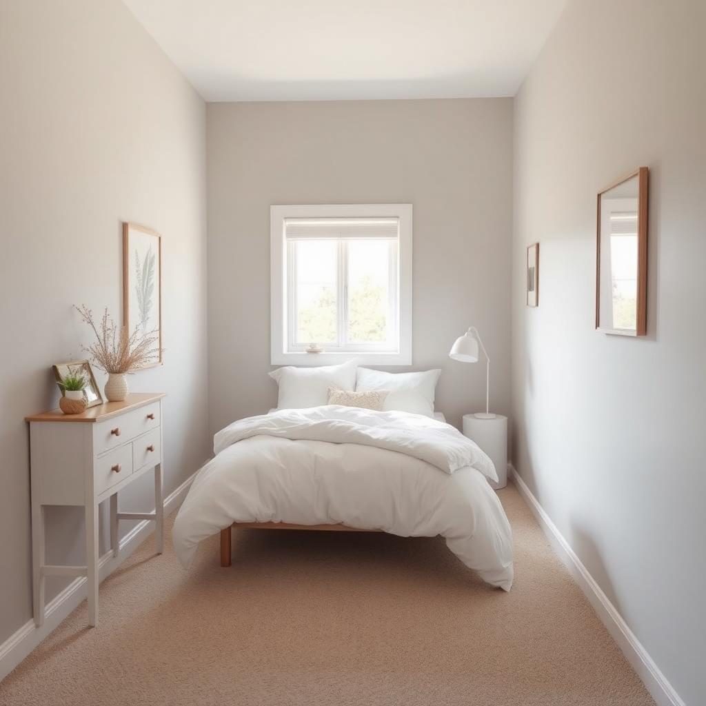 A cozy bedroom featuring a light grey color palette, with soft and inviting tones