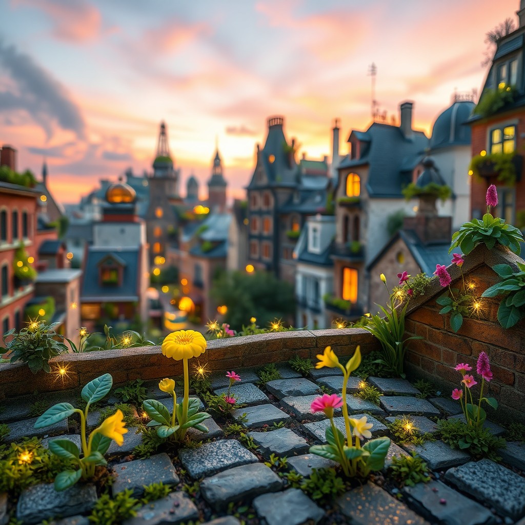 A vibrant, enchanted cityscape where small magical sprouts of nature are emerging amidst urban architecture