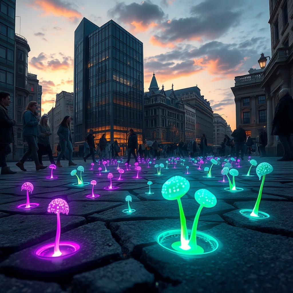 A surreal urban landscape depicting a city where small, enchanting yet eerie magical sprouts begin to emerge from the cracks in the pavement