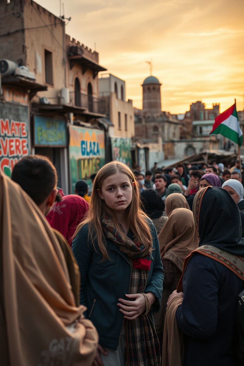 A poignant scene depicting Greta Thunberg visiting Gaza, surrounded by the vibrant colors of local markets and the stark contrasts of the landscape