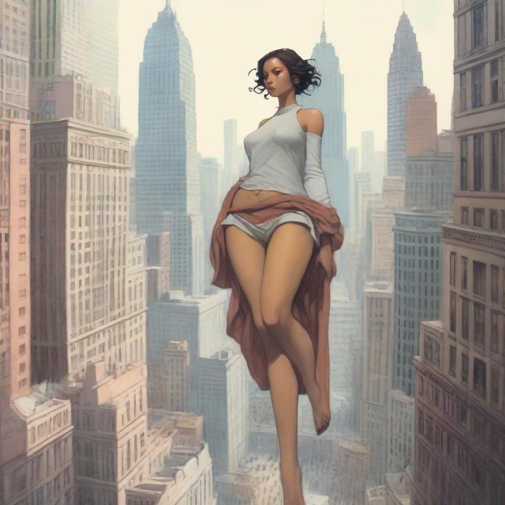 A dynamic scene of a towering giant girl, perched delicately atop a city skyscraper, her gaze focused attentively on the miniature people bustling below on the city streets.