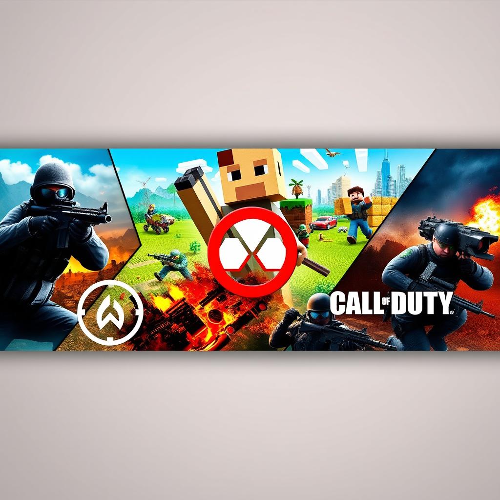A vibrant and dynamic game header for a multigaming website, featuring high-quality images of popular games: prominently showcasing characters and scenes from Counter Strike, Minecraft, FiveM, Half-Life, and Call of Duty