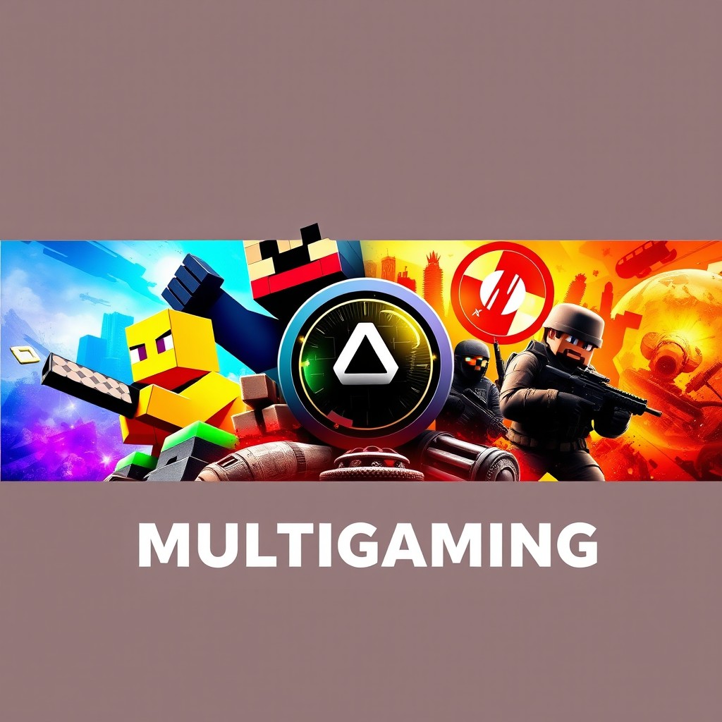 A vibrant and eye-catching game header for a multigaming website, featuring artistic representations of popular video games: Counter-Strike, Minecraft, FiveM, Half-Life, and Call of Duty