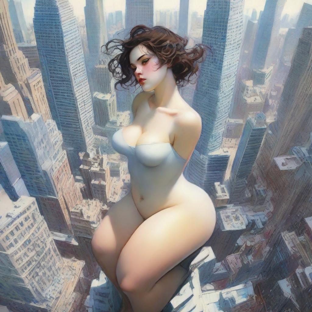 A dynamic scene of a towering giant girl, perched delicately atop a city skyscraper, her gaze focused attentively on the miniature people bustling below on the city streets.