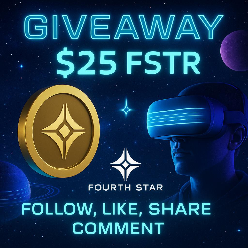 Create a give away banner worth $25,- in FSTR tokens with the command follow, like, share, and comment. In the font and style of the website. Theme VR and Space.
