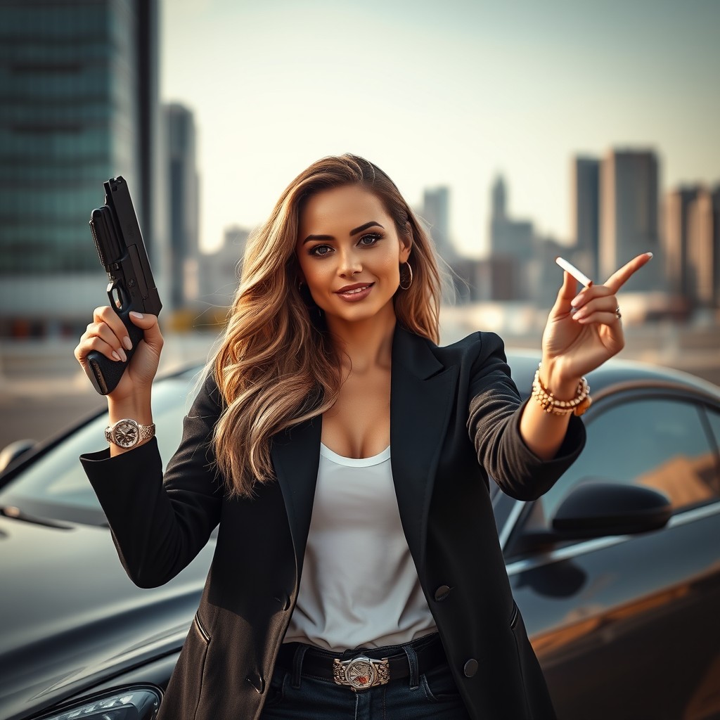 A stylish and beautiful woman with a confident smile holds a gun in one hand, exuding strength and hope