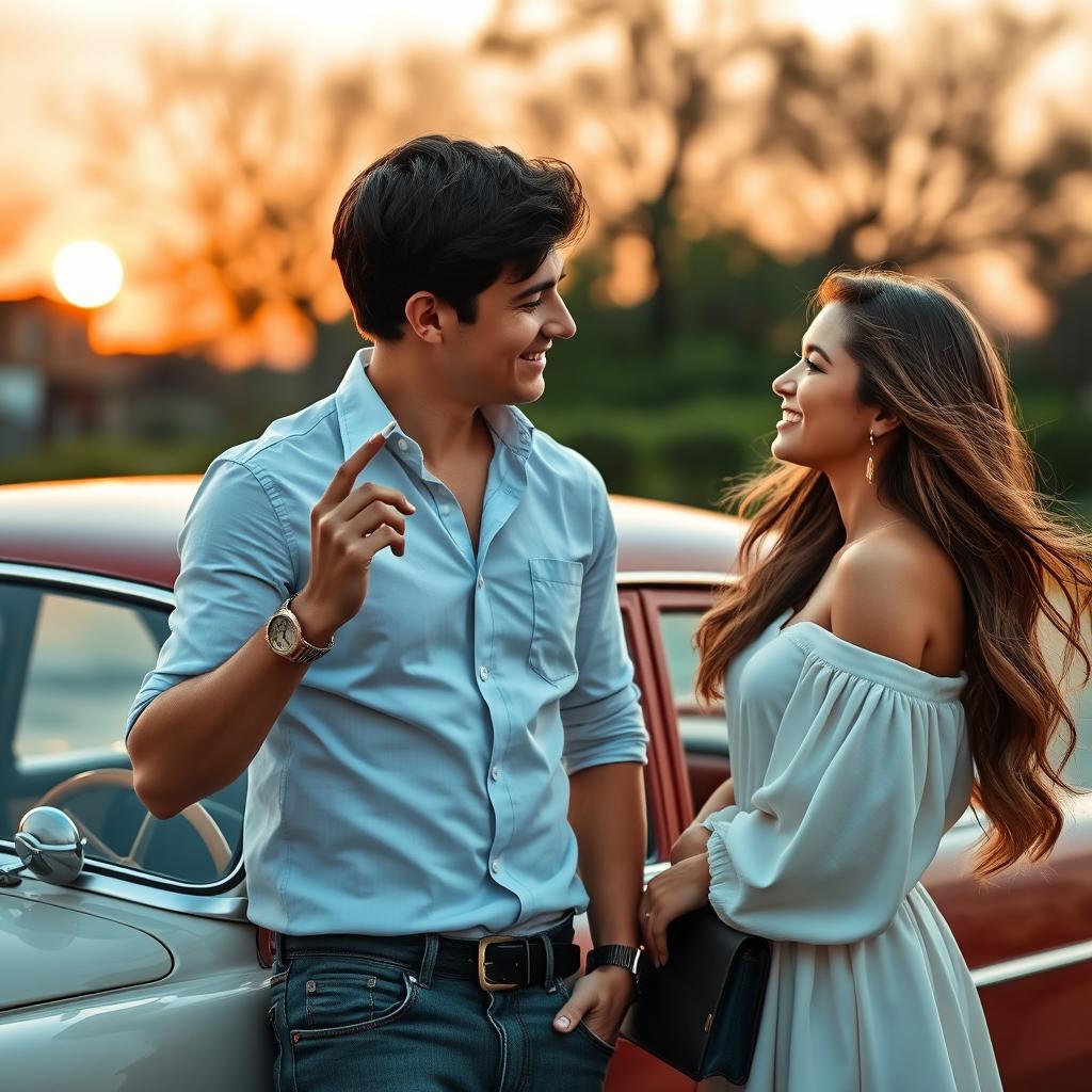A good-hearted young man standing next to a vintage car, casually holding a cigarette in one hand while wearing a stylish watch
