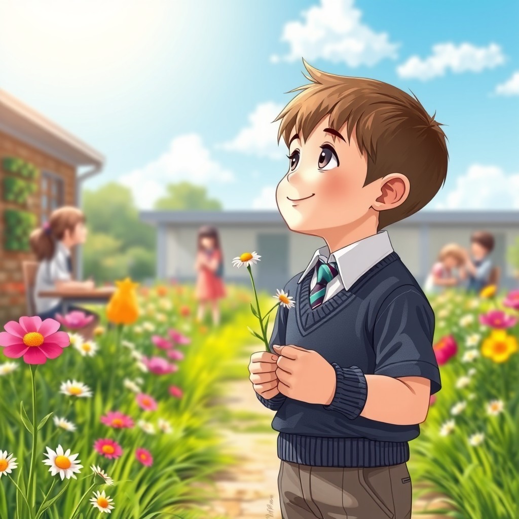 A sweet scene depicting a young boy, dressed neatly in a school uniform, holding a fresh chamomile flower in his small hands, looking up with a shy smile