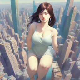 A dynamic scene of a towering giant girl, perched delicately atop a city skyscraper, her gaze focused attentively on the miniature people bustling below on the city streets.