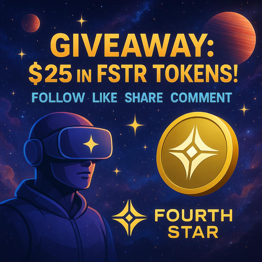 Create a give away banner worth $25,- in FSTR tokens with the command follow, like, share, and comment. In the font and style of the FourthStar website. Theme VR and Space.