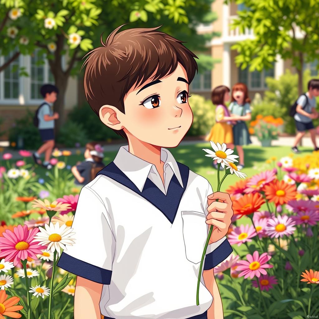 A heartwarming scene depicting a young boy named Argjent, who embodying qualities of brightness and brilliance, standing in a sunny school garden filled with colorful flowers