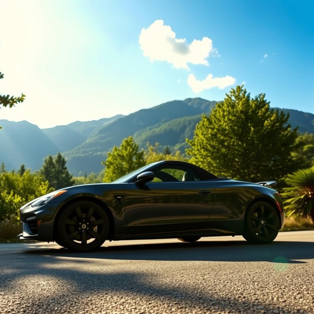 A sleek, modern car parked on a scenic road surrounded by lush green trees and mountains in the background