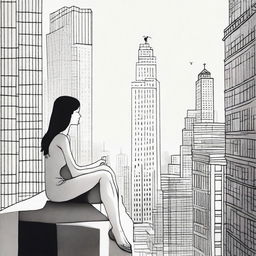 A whimsical image of a colossally tall girl seated on a city skyscraper, carefully observing the miniscule, ant-like people going about their day in the streets below.