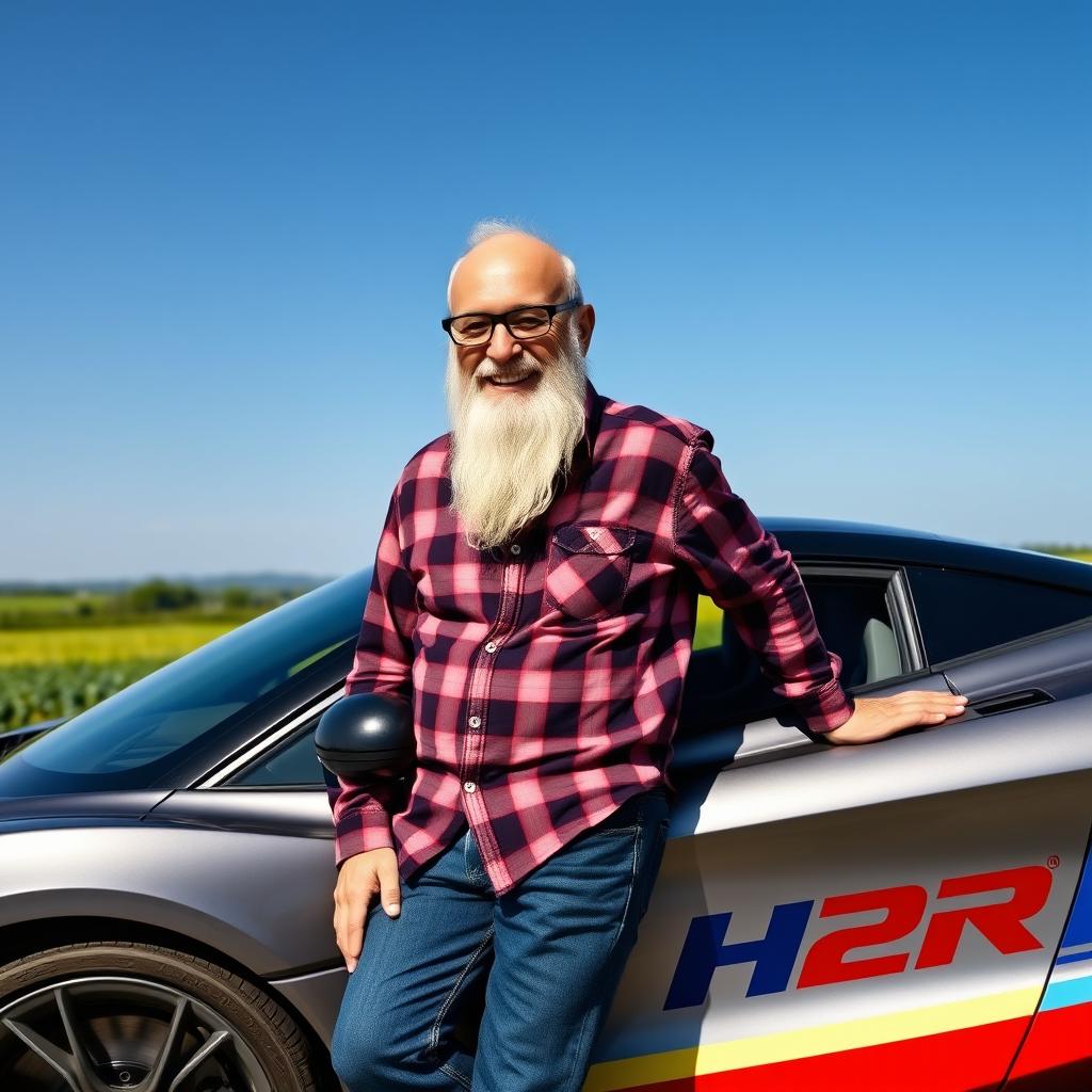 A joyful elderly man with a white beard and glasses, wearing a plaid shirt and jeans, leaning against a sleek, shiny McLaren 720 supercar